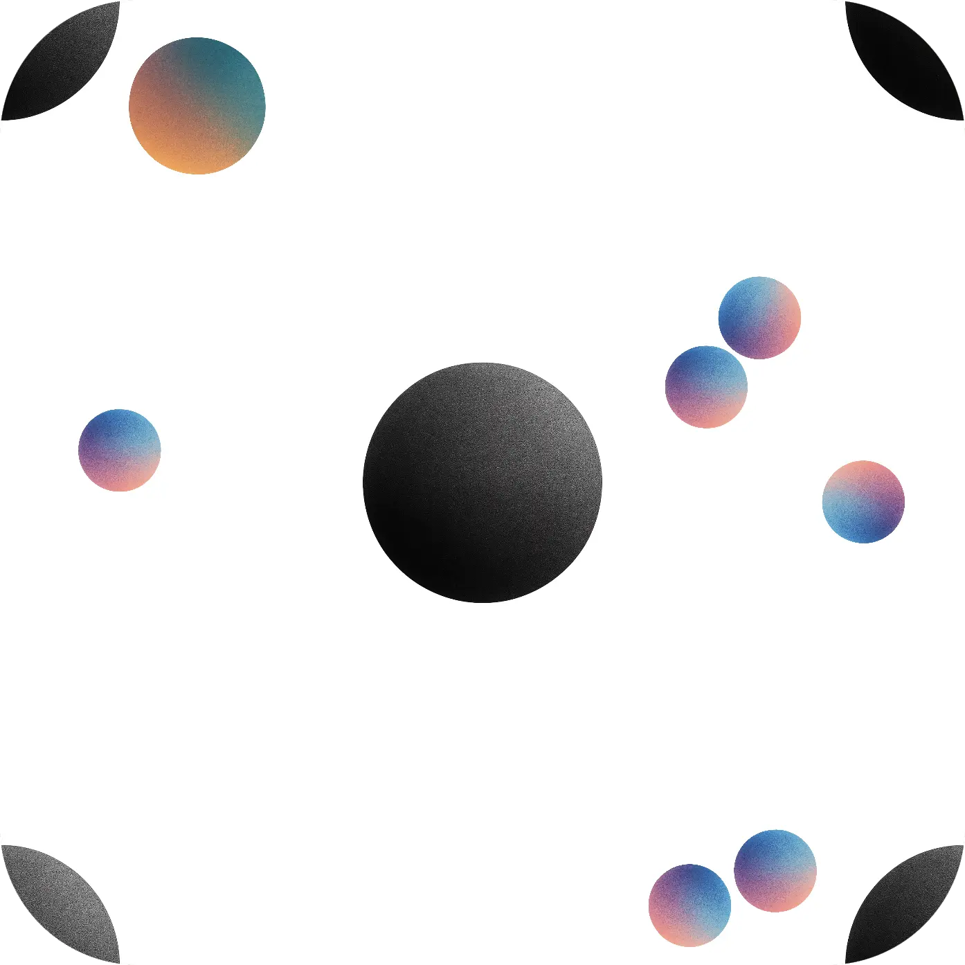 Visual mockup for Unwind Chimes app featuring floating gradient balls and a central black orb on a minimal white canvas.